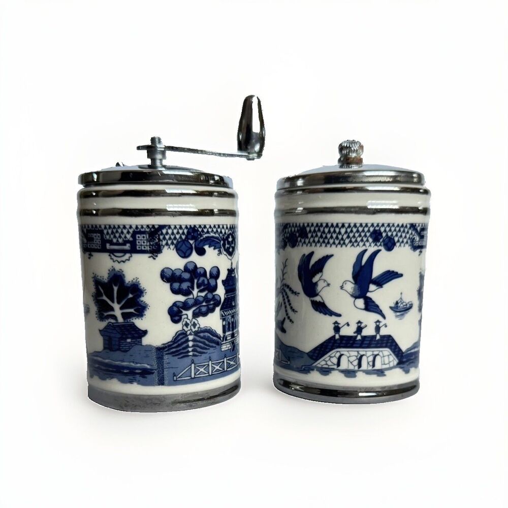 Vintage Olde Thompson Blue Willow Ceramic Pepper Grinder & Salt Shaker Set